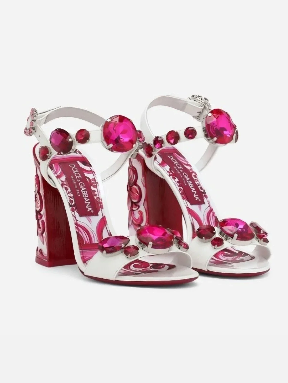 Dolce & Gabbana Size 38.5 (Size 8) White Sandals with Fuchsia Gem Accents